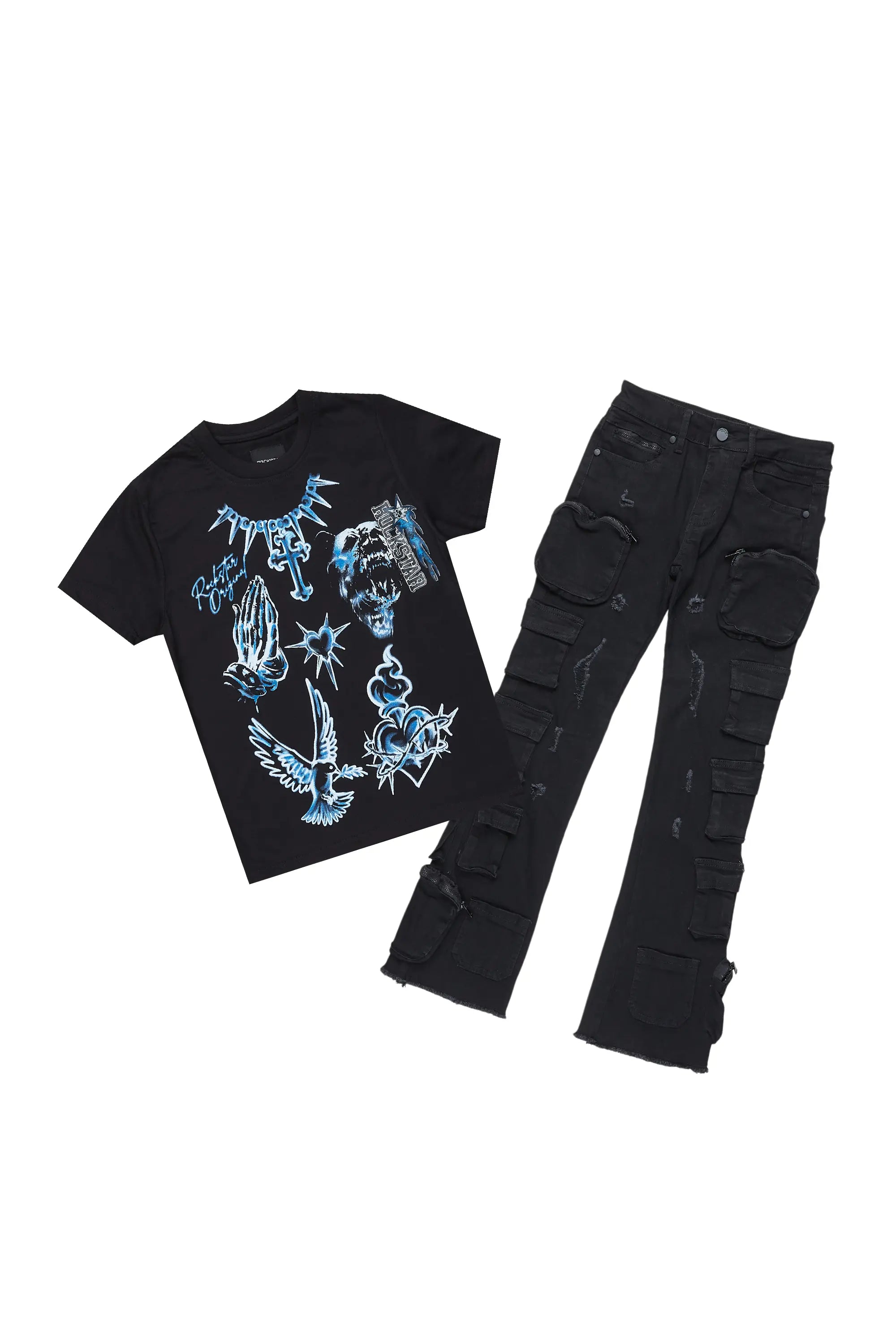 Boys Valar Black T-Shirt/Cargo Stack Flare Jean Set Masculine Men's Thick