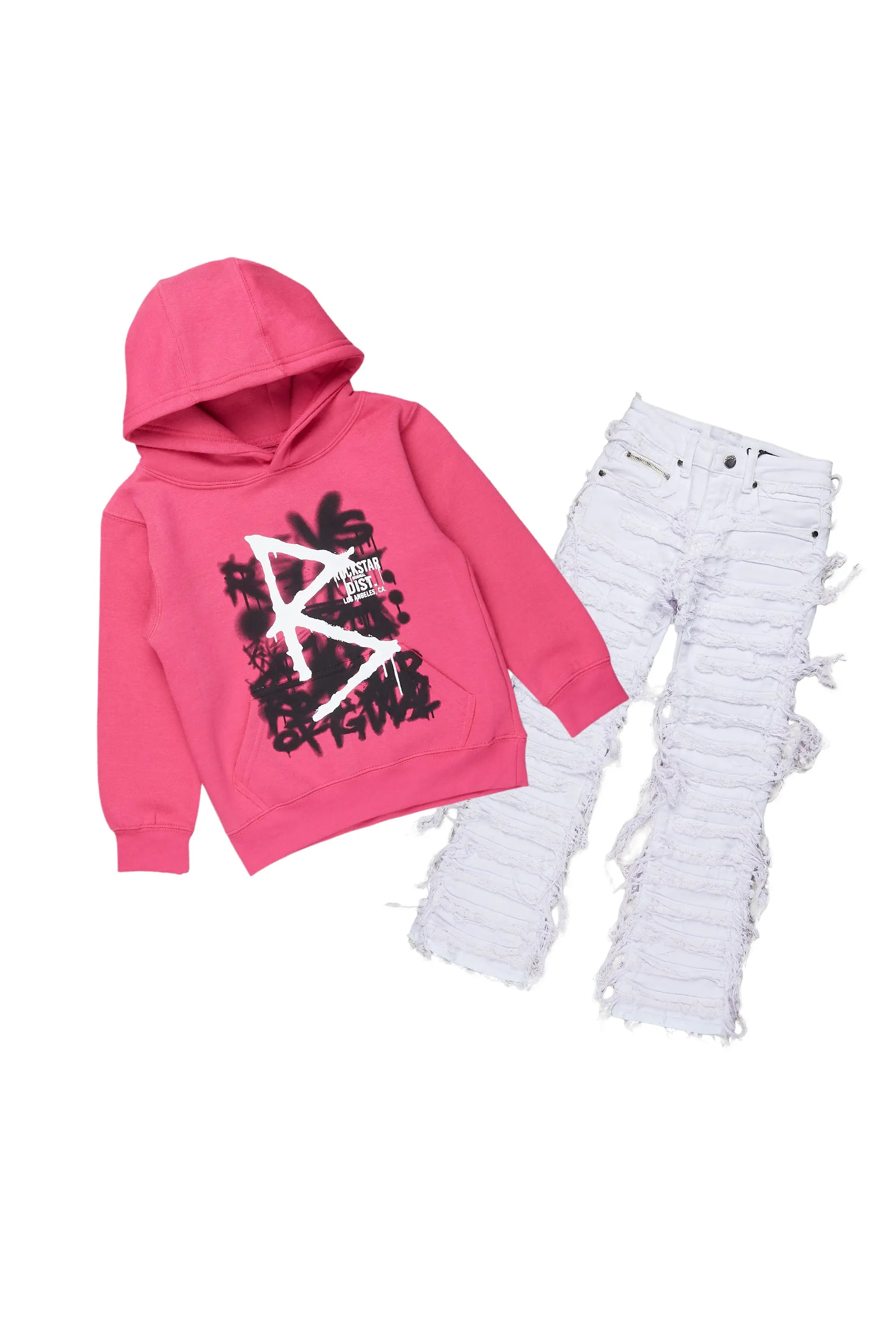 Girls Nahomy Fuchsia Hoodie/Stacked Flare Jean Set Athletic Men's High