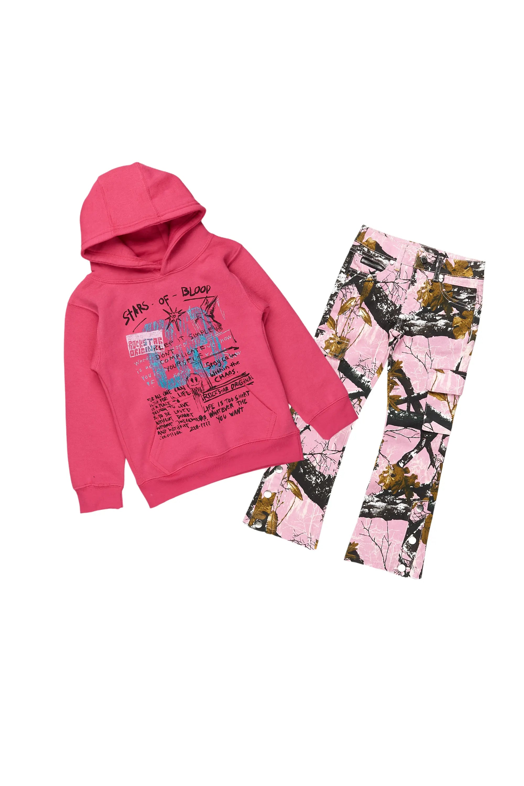 Girls Addie Pink Hoodie/Stacked Flare Jean Set Confident Men's High