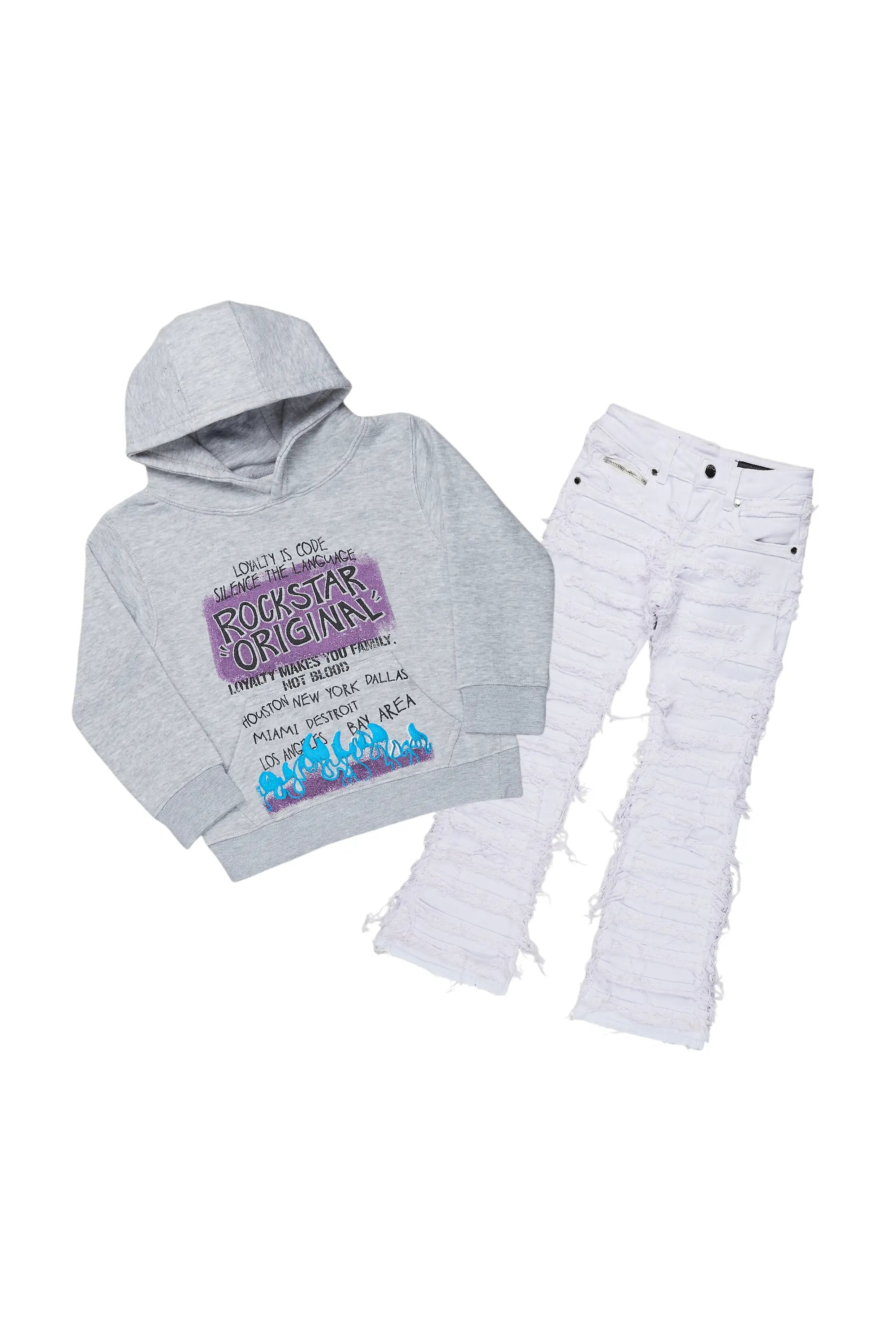 Girls Bena Grey Hoodie/Stacked Flare Jean Set Trendy Men's Bucket