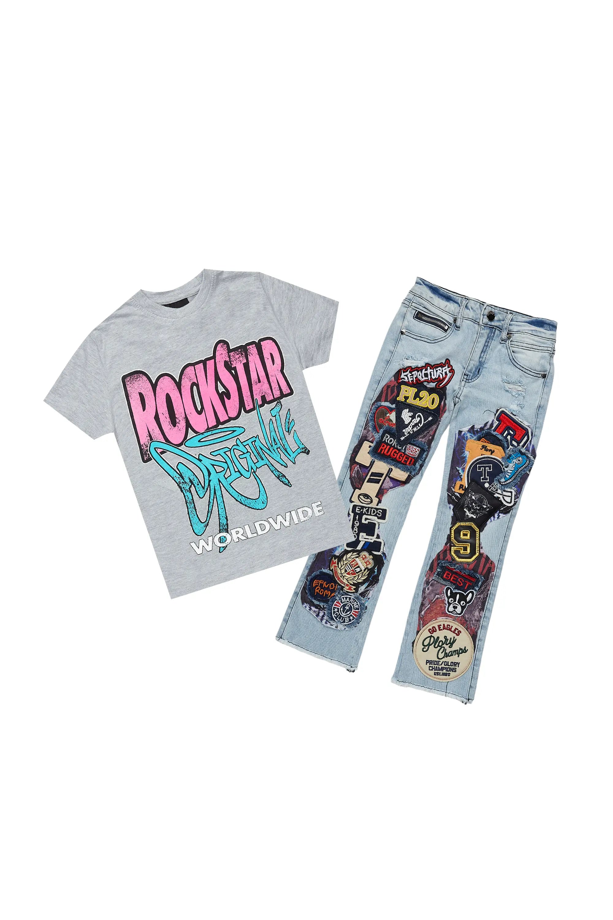 Girls Kaite Blue/Grey T-Shirt/Stacked Flare Jean Set Masculine Men's 