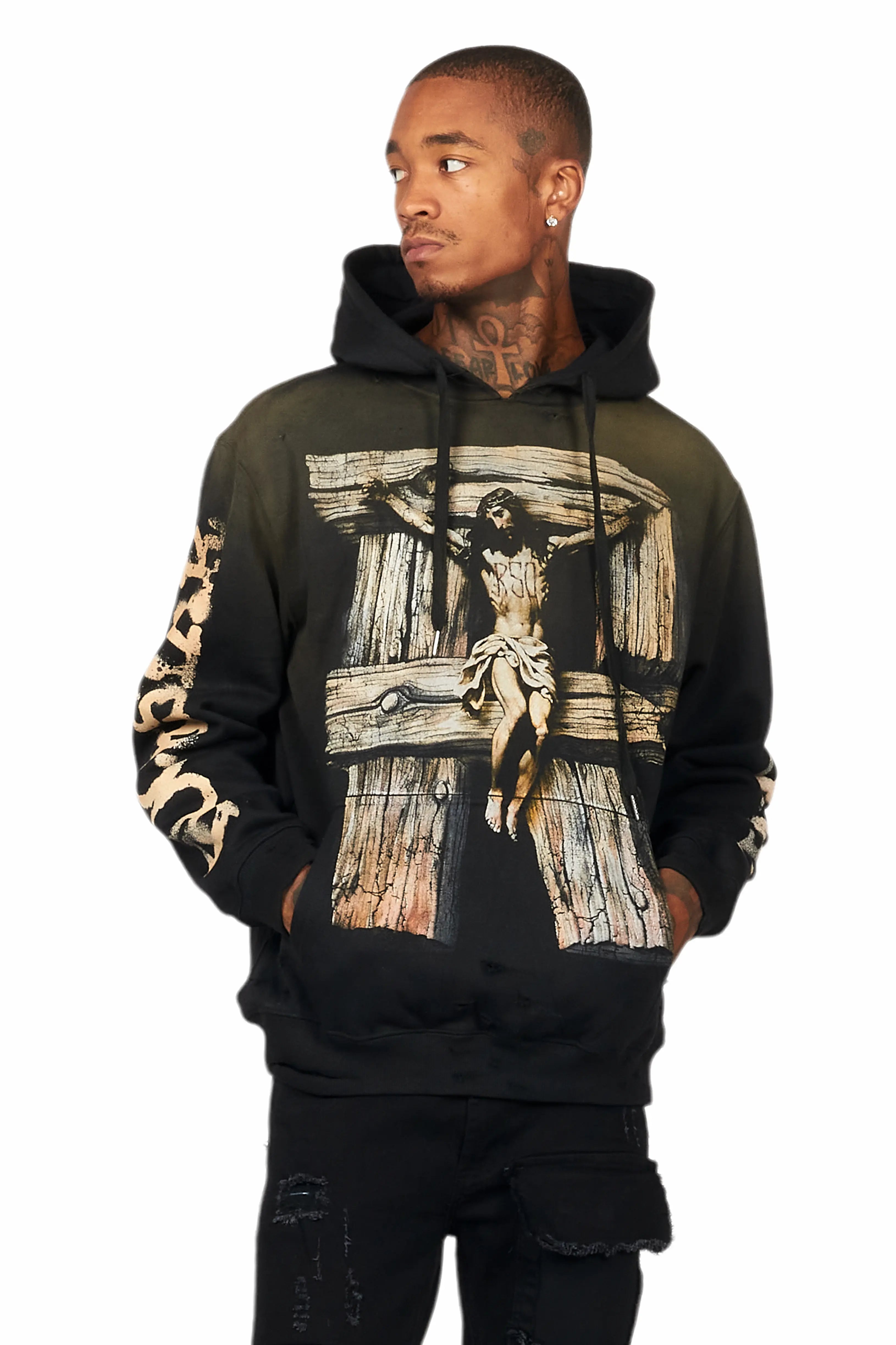 Panos Black Graphic Distressed Hoodie Rugged Men's Outdoor 