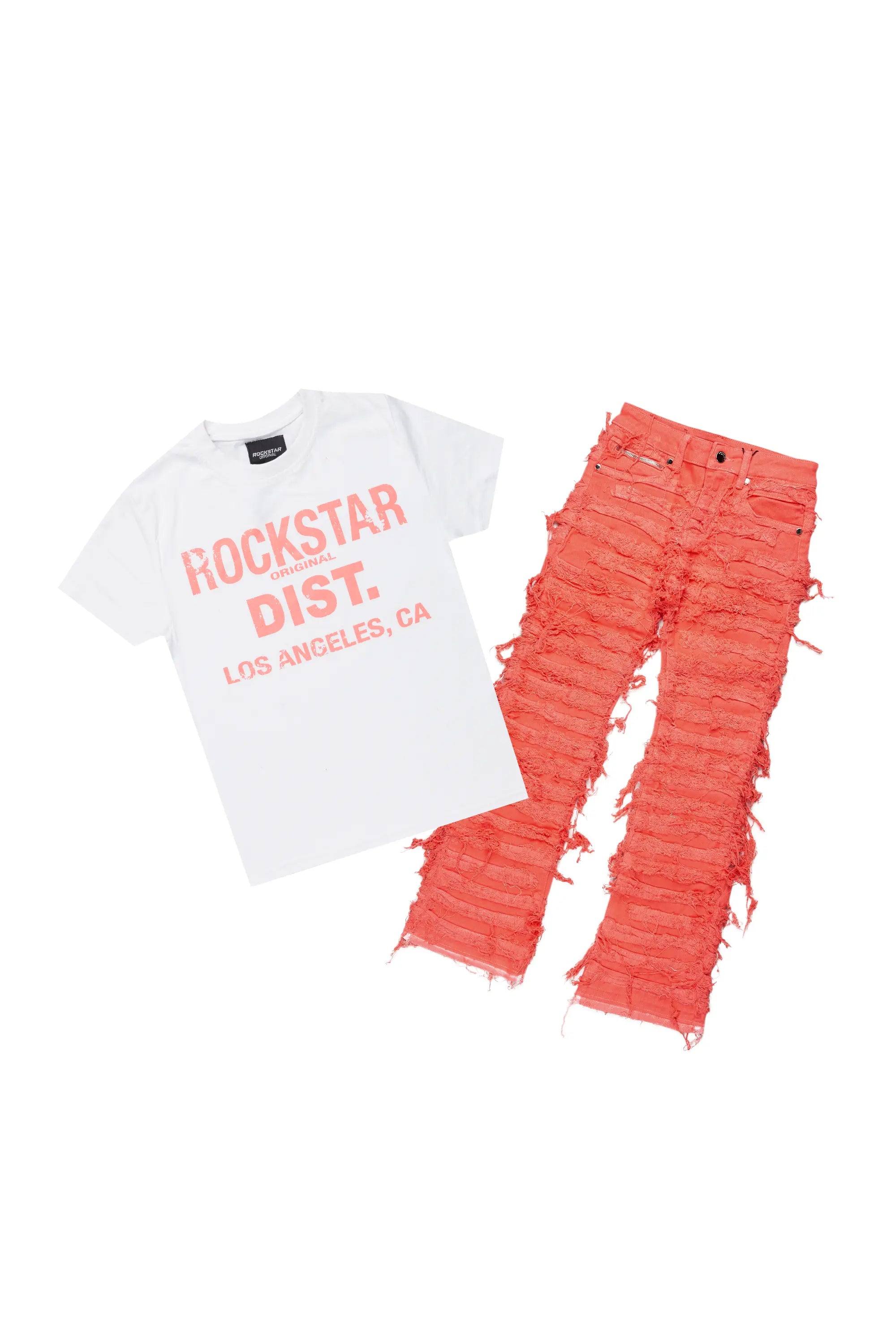 Girls Kona Coral T-Shirt/Stacked Flare Jean Set Relaxed Men's Australian 