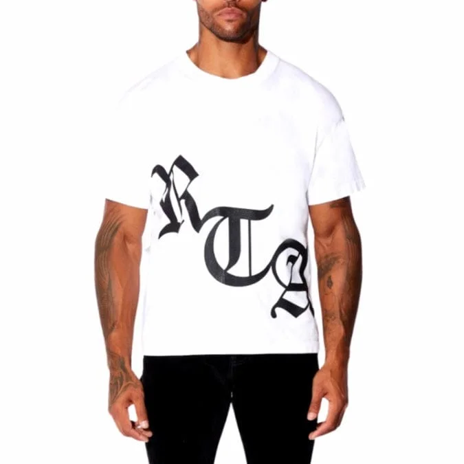 RTA Short Sleeve Old English Logo Tee (White/Black) MU23K621 Trendy Men's Scandinavian Trendy Men's Scandinavian