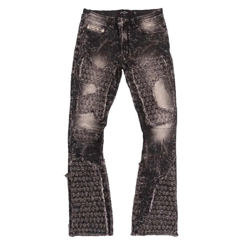 F1723 Tattered Denim Stacked  Jeans - Black Cozy Men's Winter Cozy Men's Winter