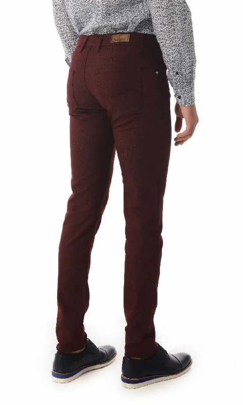 Slim Fit 5 Pocket Low Waist Unpleated Cotton Burgundy Casual Pants, Burgundy Traditional Men's Wool Traditional Men's Wool