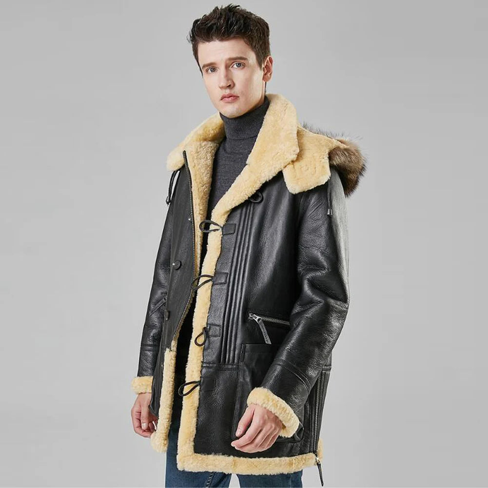 Black Mid-length Genuine Leather Detachable Hooded Winter Coat for Men British Gentleman Style British Gentleman Style