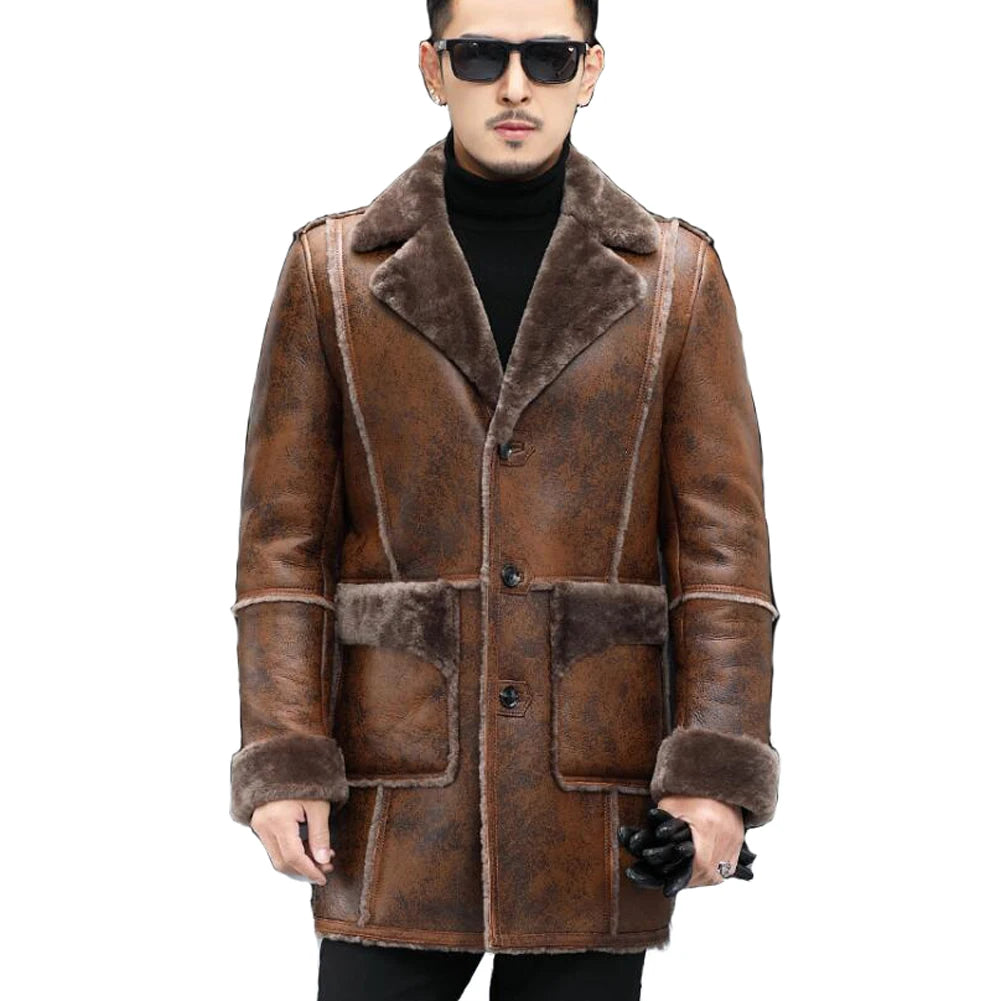 Brown Color Shearling Sheepskin Leather Single Breasted Long Coat for Men Gym Gym