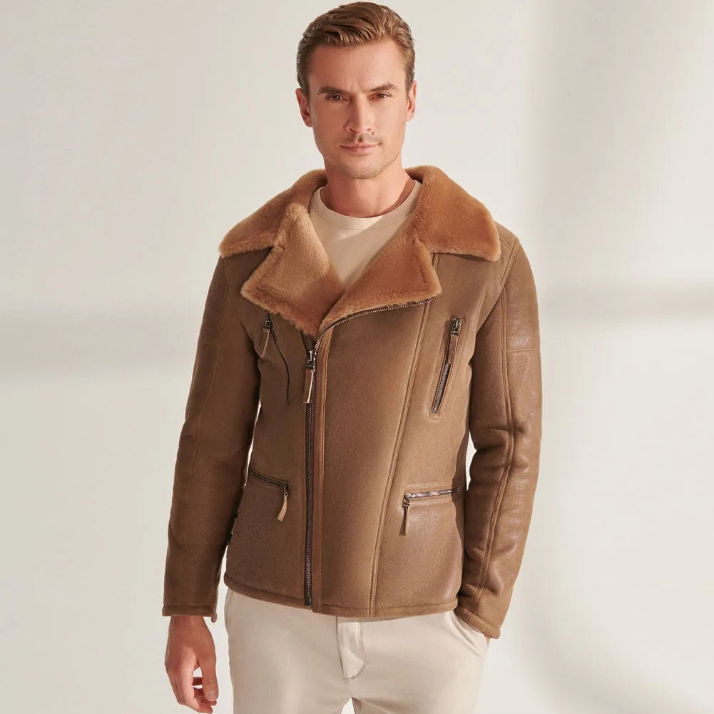 Brown Shearling Sheepskin Leather Thick Wool Lined Jacket for Men Traditional Men's Wool Traditional Men's Wool