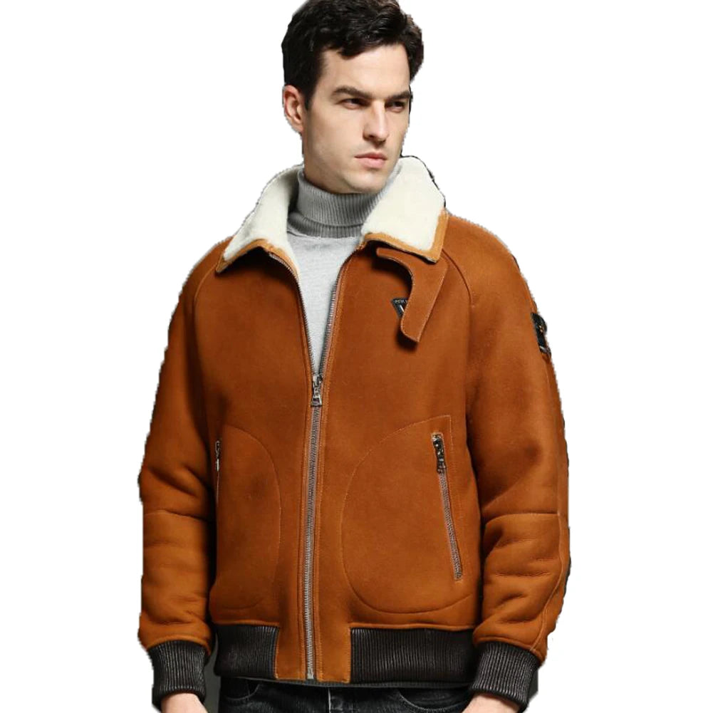 Shearling Sheepskin Leather Turn-down Fur Collar Loose Bomber Jacket for Men Earthy Men's Hemp Earthy Men's Hemp