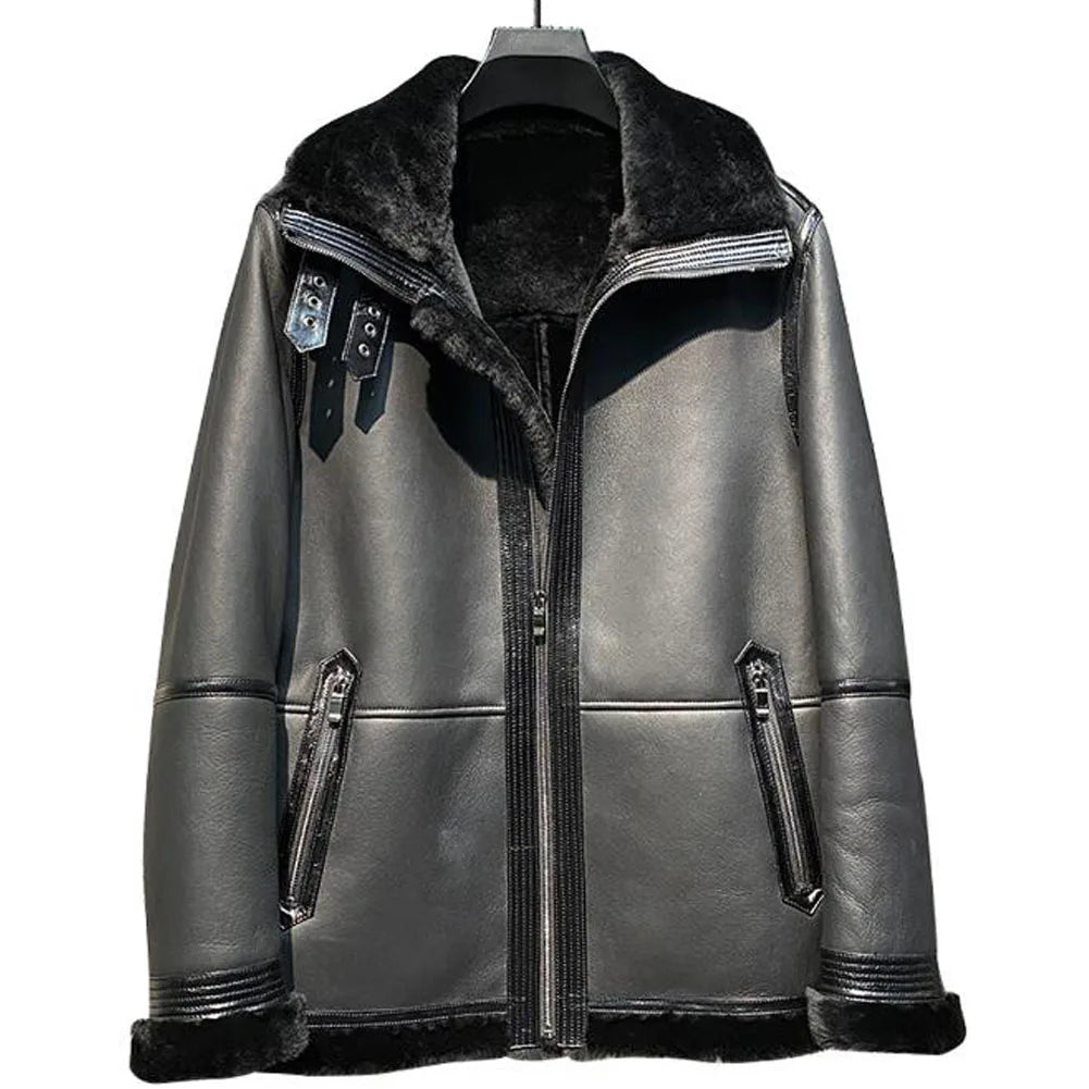 Casual Turn-down Fur Collar Shearling Sheepskin Leather Jacket for Men Refined Men's European Refined Men's European