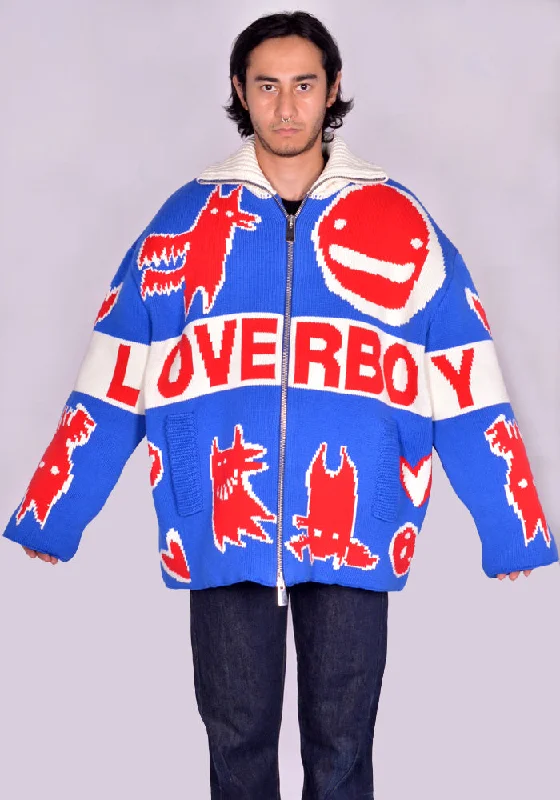 CHARLES JEFFREY LOVERBOY 042010601 KNITTED PUFFER JACKET UNISEX BLUE/RED (New season FW24) Refined Men's Classic  Refined Men's Classic 