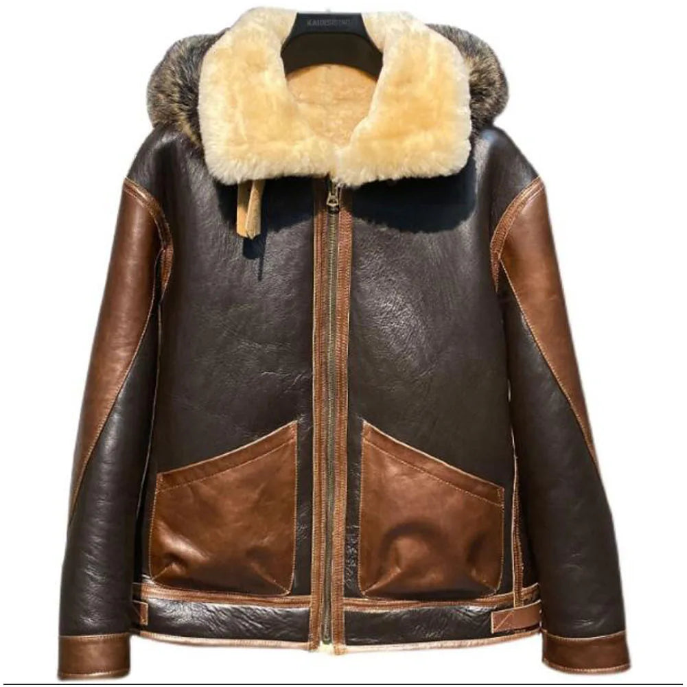 Genuine Leather Detachable Fur Hooded Casual Style Jacket for Men Luxurious Men's High Luxurious Men's High