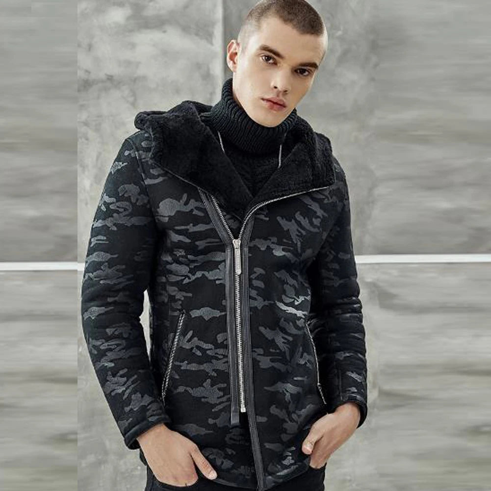 Men's Black Camouflage Pattern Fur Hooded Shearling Sheepskin Leather Jacket Refined Men's Classic  Refined Men's Classic 