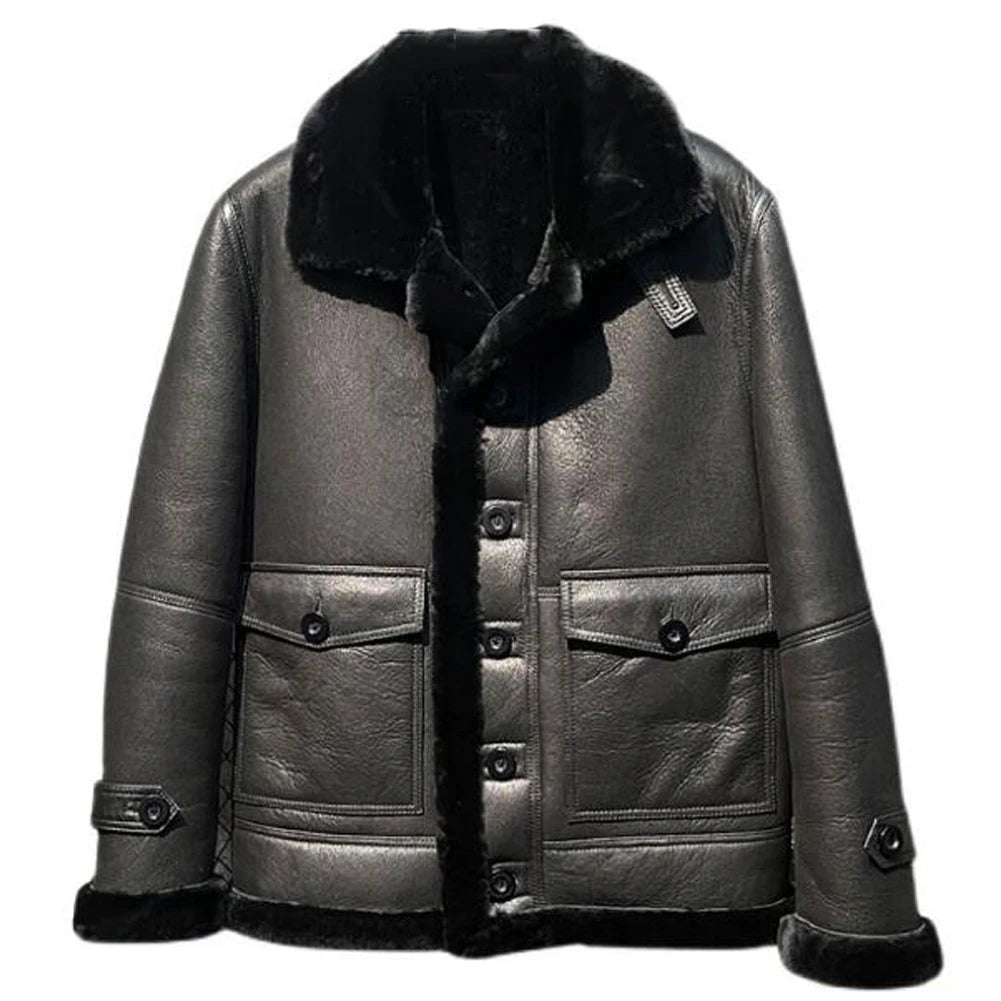 Men's Black Color Shearling Sheepskin Lapel Turn-down Collar Biker Winter Jacket Organic Organic