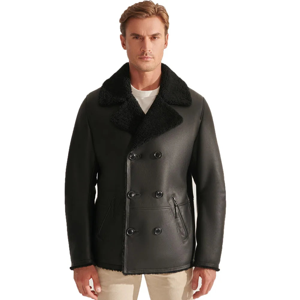 Men's Black Shearling Sheepskin Leather Double Breasted Coats with Fur Gym Gym