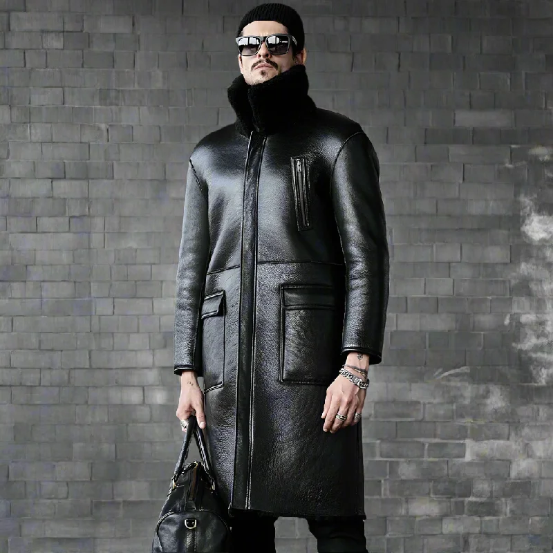 Men's Black Shearling Sheepskin Long Double-faced Fur Winter Coat Modern Men's Geometric Modern Men's Geometric