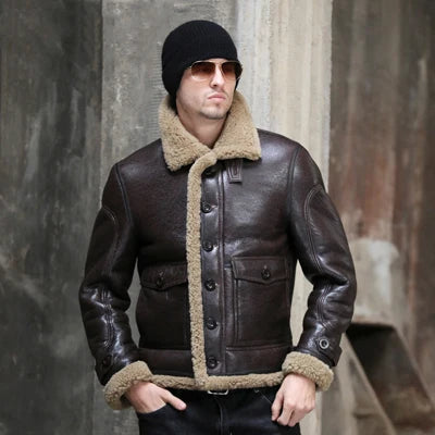 Men's Brown Color Shearling Sheepskin Leather Luxury Fur Decor Winter Jacket Refined Men's Hand Refined Men's Hand