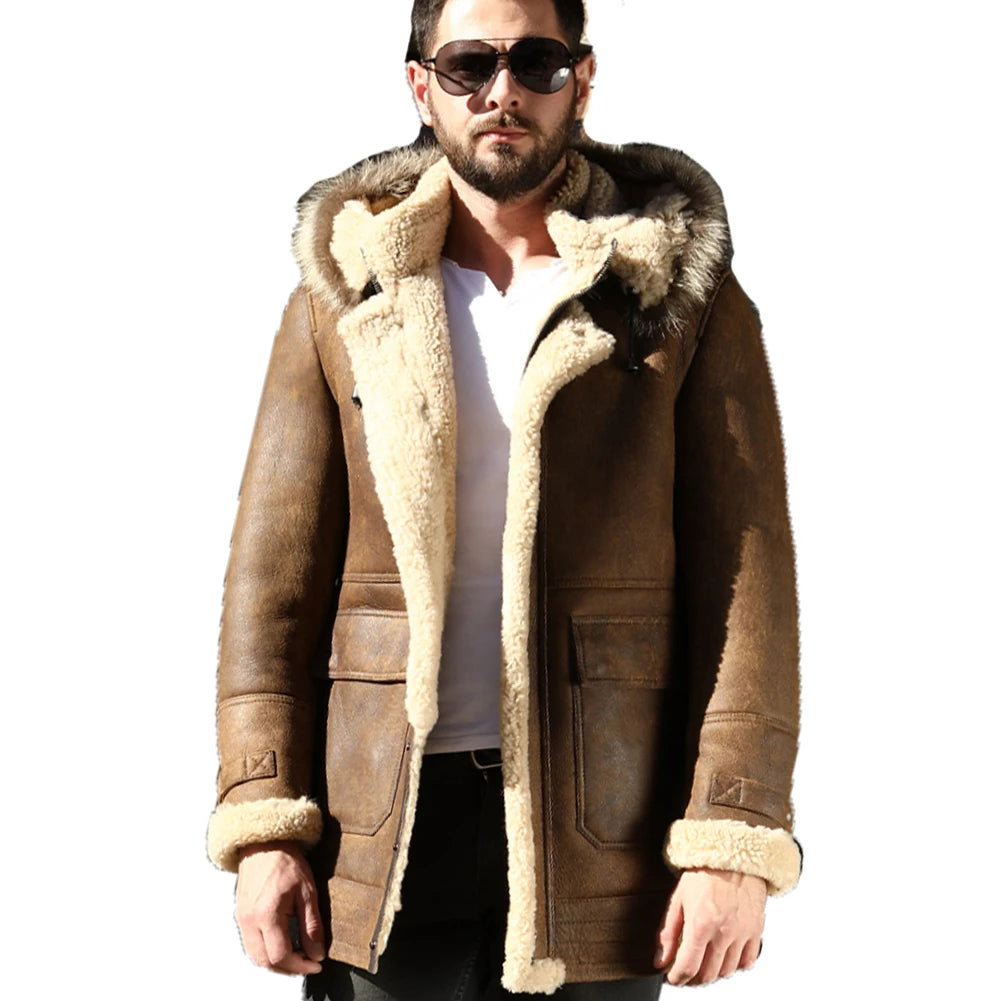 Men's Brown Color Shearling Sheepskin Leather Mid-Length Hooded Coat Monochromatic All Monochromatic All