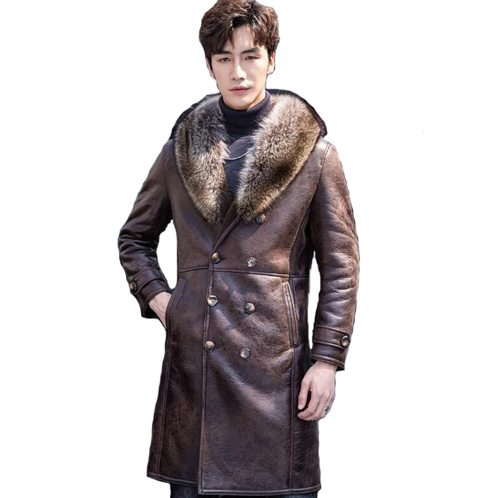 Men's Brown Genuine Leather Wool Lined Double Breasted Winter Coat Practical Men's Quick Practical Men's Quick