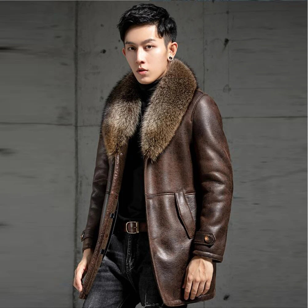 Men's Brown Shearling Sheepskin Leather Single Breasted Mid-length Winter Coat Modern Men's Tech Modern Men's Tech