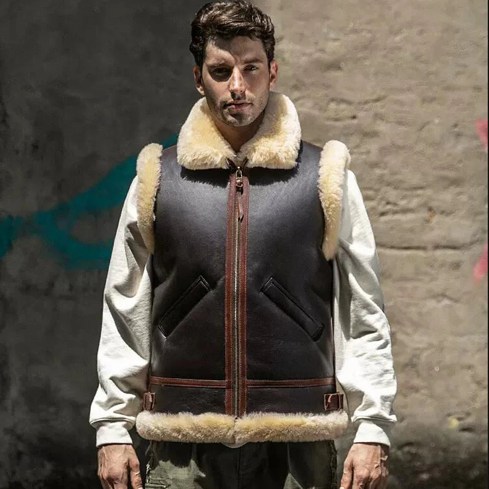 Men's Casual Shearling Sheepskin Sleeveless Thick Warm Winter Vest Street Street