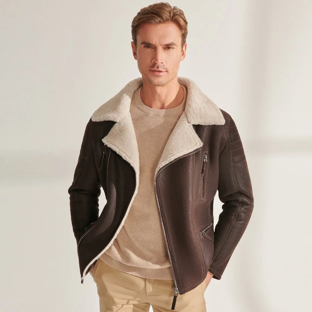 Men's Casual Style Brown Shearling Leather Wool Lined Aviator Jacket Casual Men's Japanese  Casual Men's Japanese 