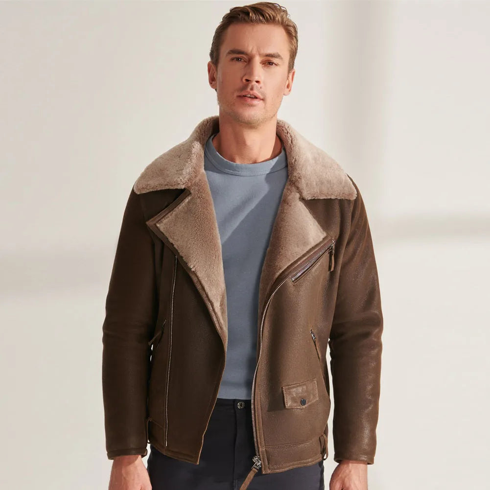 Men's Casual Turndown Collar Thick Shearling Lambskin Aviator Jacket Luxurious Men's High Luxurious Men's High