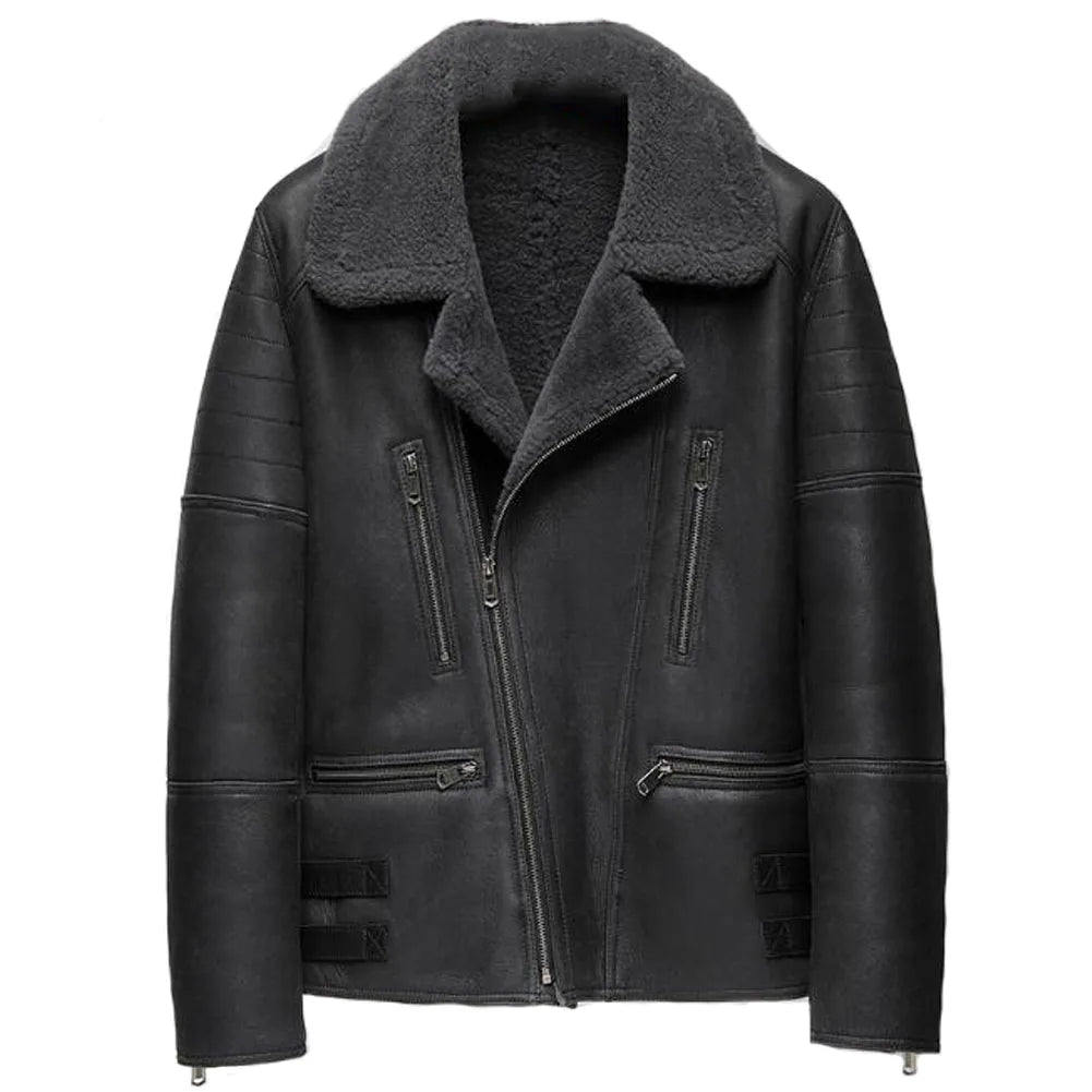 Men's Charcoal Gray Color Shearling Sheepskin Leather Turn-down Collar Jacket Dynamic Men's Moto Dynamic Men's Moto