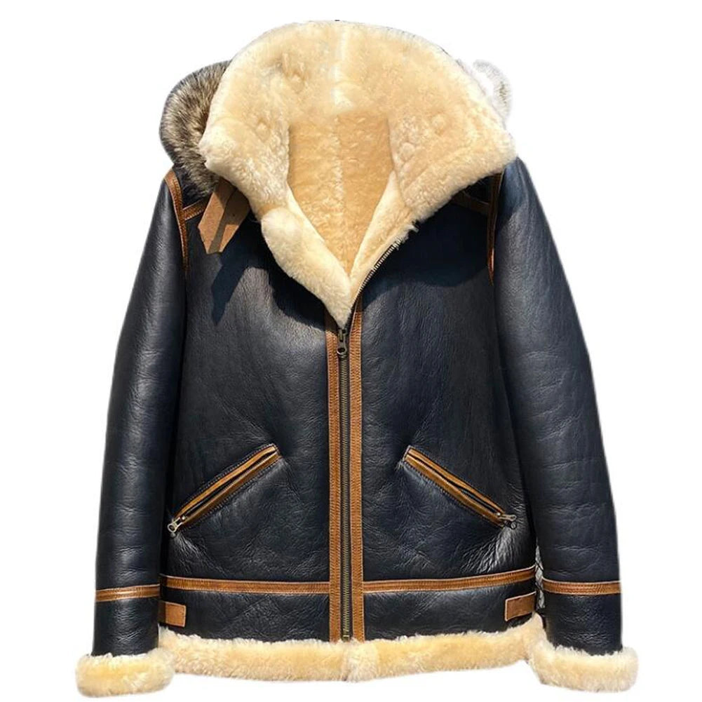 Men's Detachable Fur Hooded Thick Warm Shearling Sheepskin Leather Jacket Unique Men's Upcycled Unique Men's Upcycled