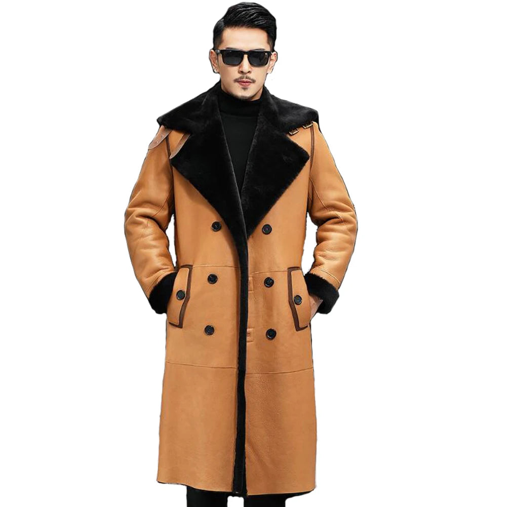 Men's Double Breasted Shearling Sheepskin Leather Long Winter Coat Streetwear Style Streetwear Style