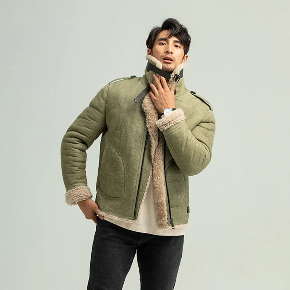 Men's Green Shearling Sheepskin Leather Casual Style Warm Winter Jacket Sharp Men's Italian Sharp Men's Italian