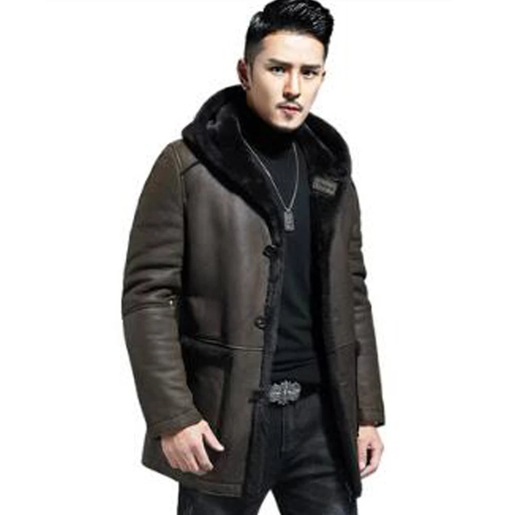 Men's Real Fur Hooded Turn-down Collar Shearling Sheepskin Leather Winter Coat Bold Men's Animal Bold Men's Animal