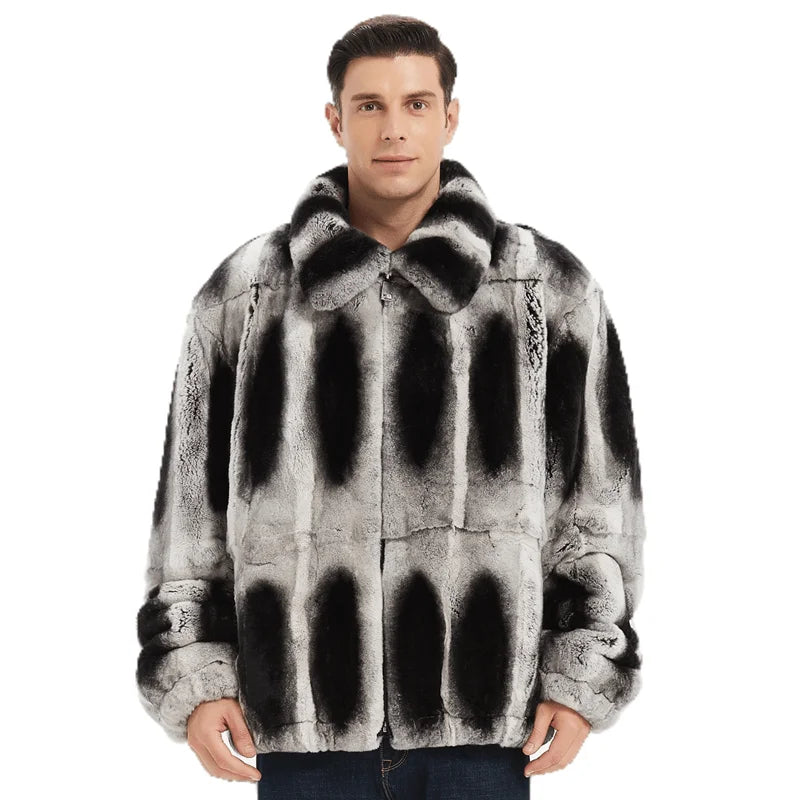 Men's Real Rex Rabbit Fur Turn-down Collar Casual Style Winter Jacket Street Street