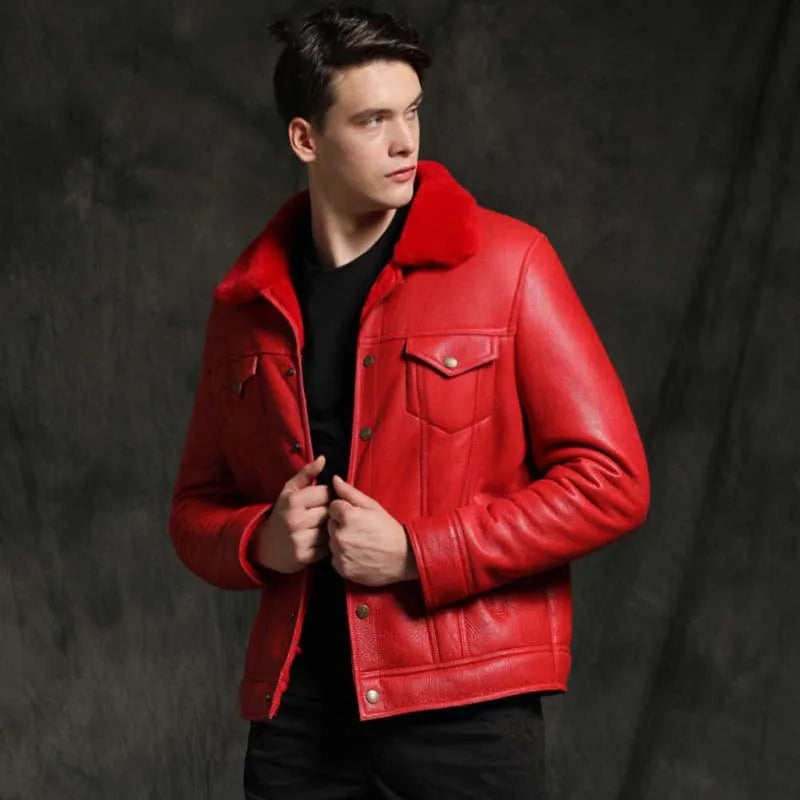 Men's Red Shearling Sheepskin Winter Style Fur Collar Thick Warm Jacket Refined Men's Velvet Refined Men's Velvet