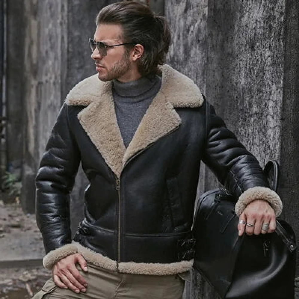 Men's Shearling Sheepskin Leather Fur Decor Wool Lined Winter Short Jacket Polished Men's Silk Polished Men's Silk