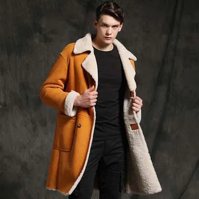 Men's Shearling Sheepskin Leather Long Fur Decor Double Breasted Winter Coat Refined Men's Hand Refined Men's Hand