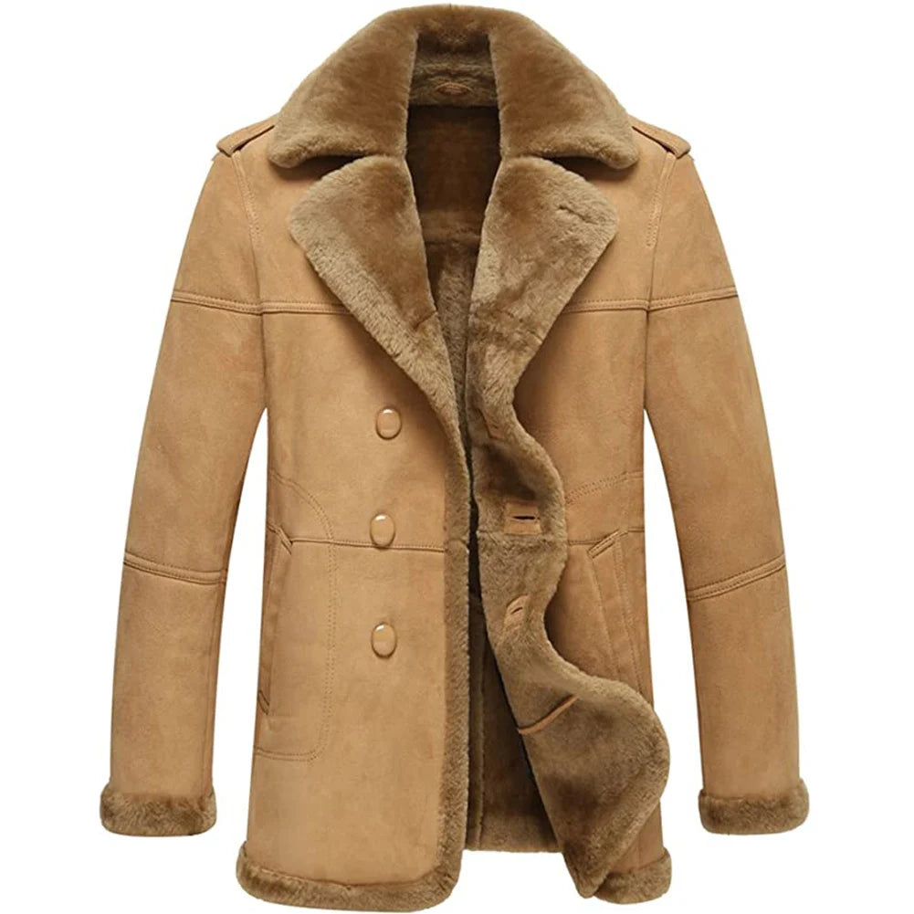 Men's Shearling Sheepskin Leather Single-Breasted Casual Outerwear Winter Coat Masculine Men's Thick Masculine Men's Thick