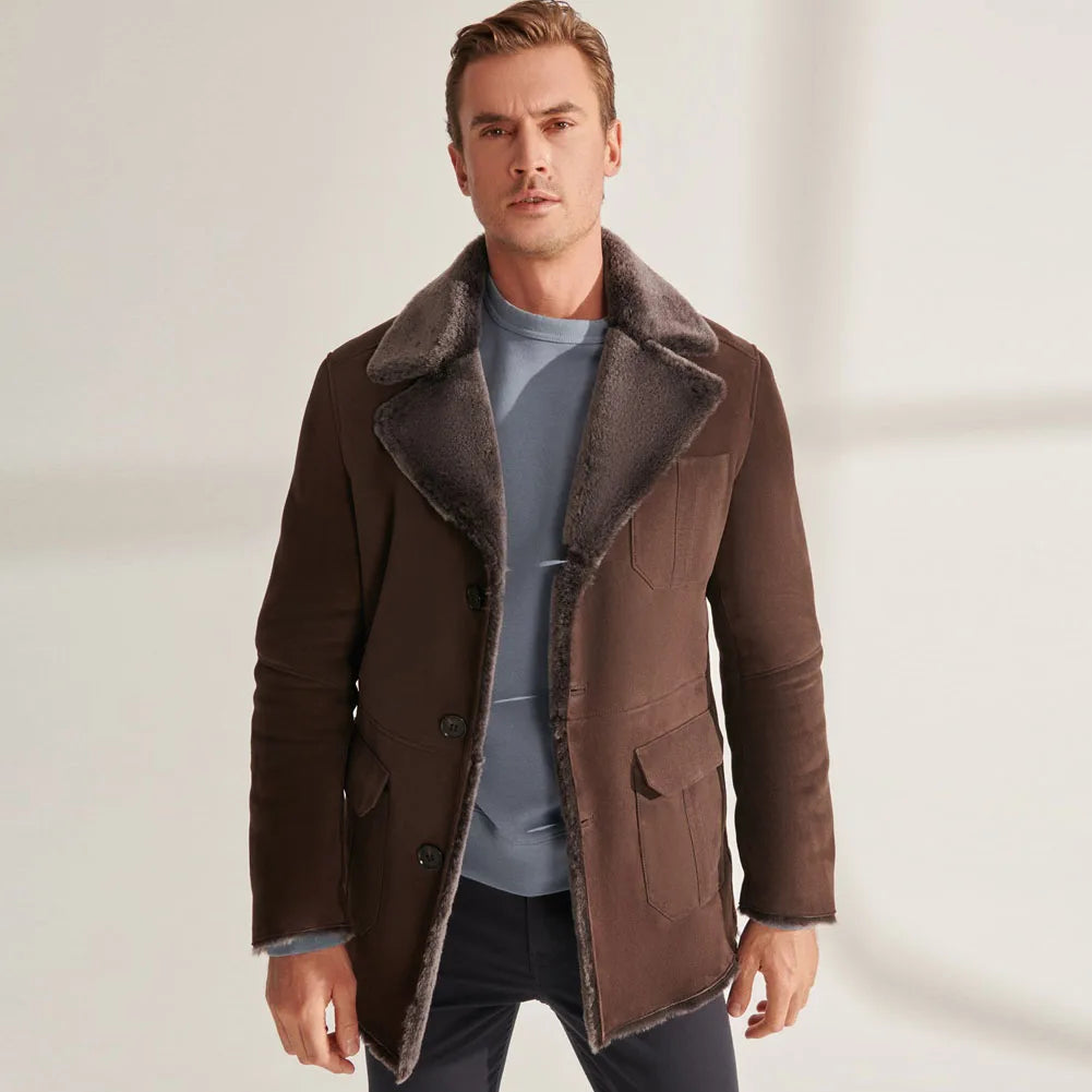 Men's Shearling Sheepskin Mid-length Single Breasted Long Thick Coat Refined Men's Hand Refined Men's Hand