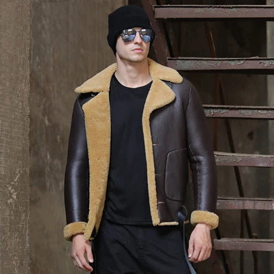 Men's Shearling Sheepskin Single-Breasted Turn-down Fur Collar Winter Jacket Casual Men's Loose Casual Men's Loose