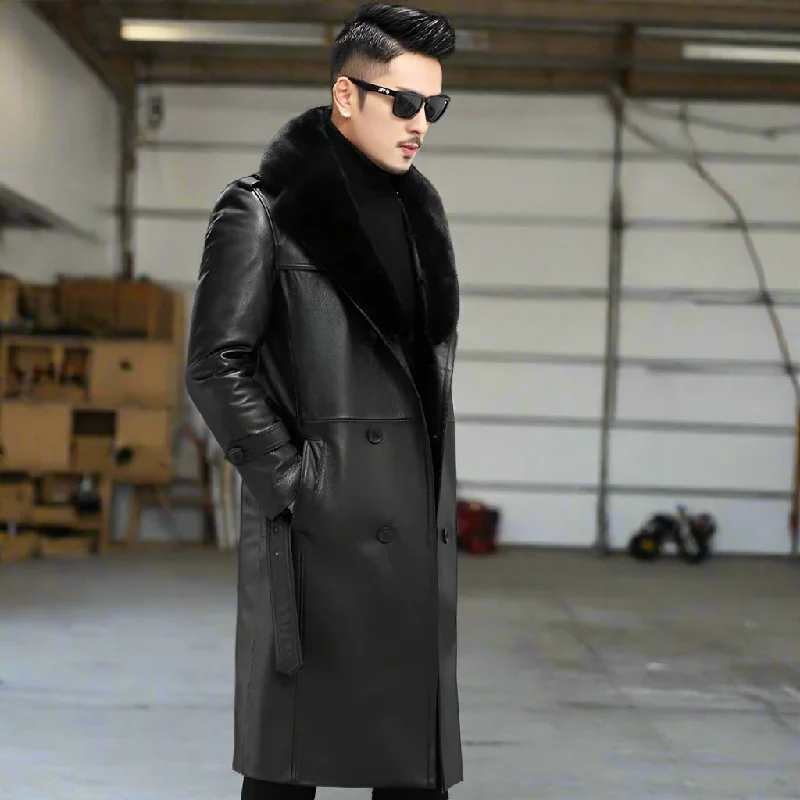 Men's Sheepskin Leather Detachable Fox Fur Collar Long Trench Coat Refined Men's European Refined Men's European