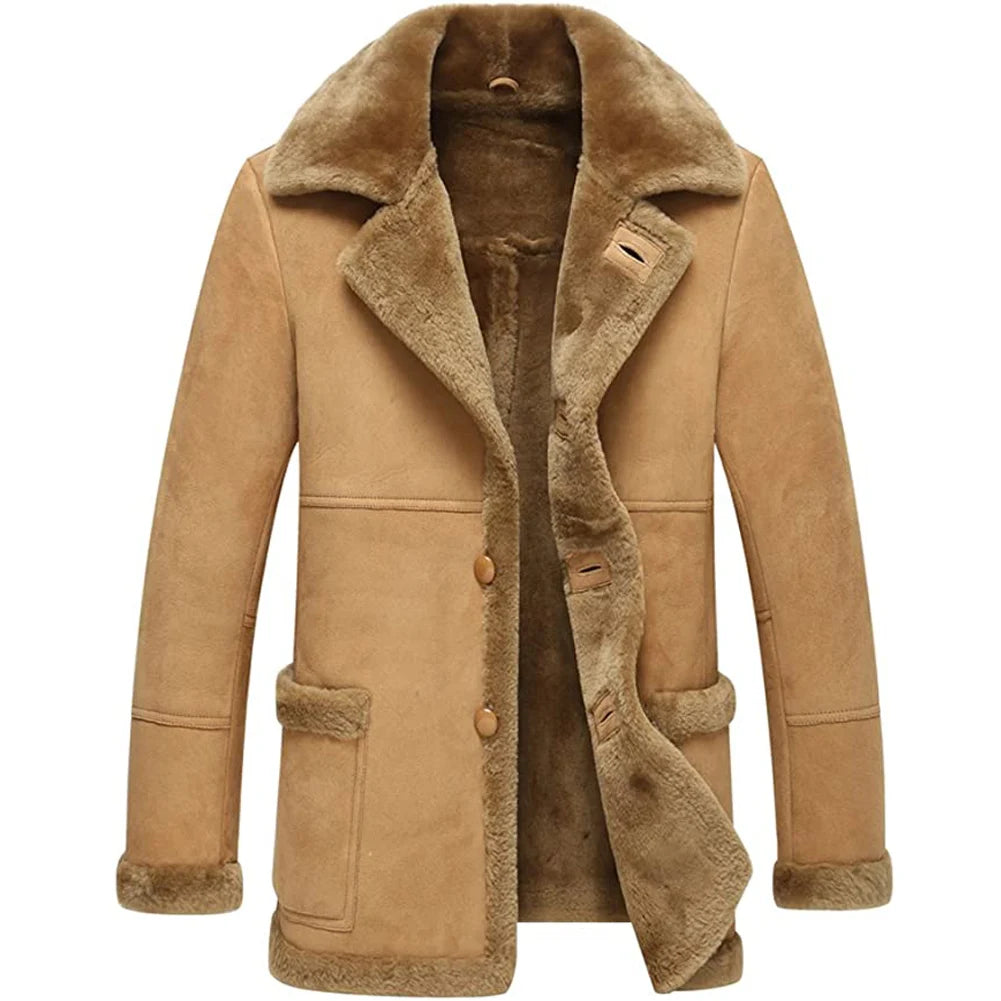 Men's Sheepskin Shearling Wool Lined Single Breasted Winter Jacket Luxurious Men's High Luxurious Men's High