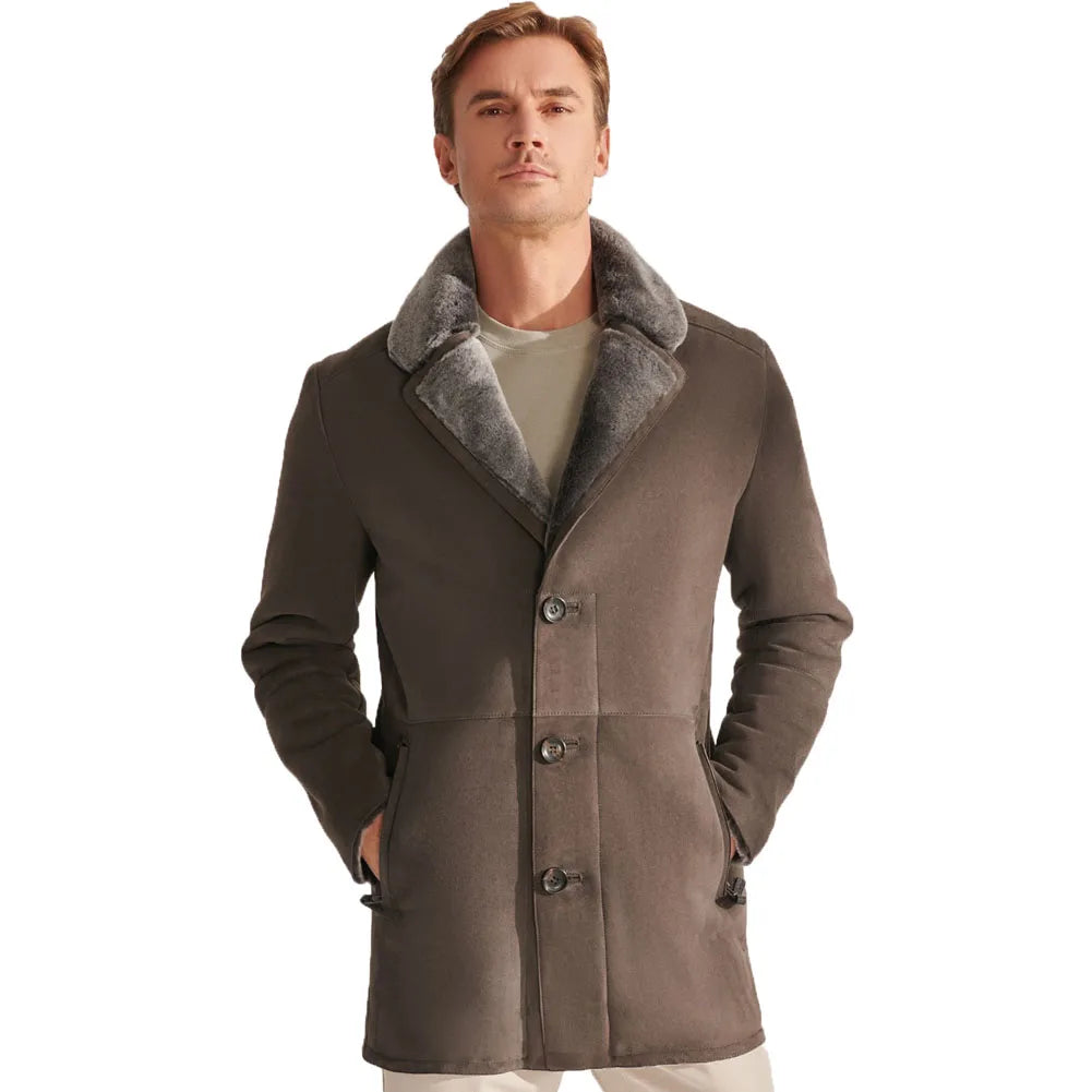 Men's Winter Mid-length Shearling Sheepskin Single-Breasted Wool Lined Coat Tailored Tailored