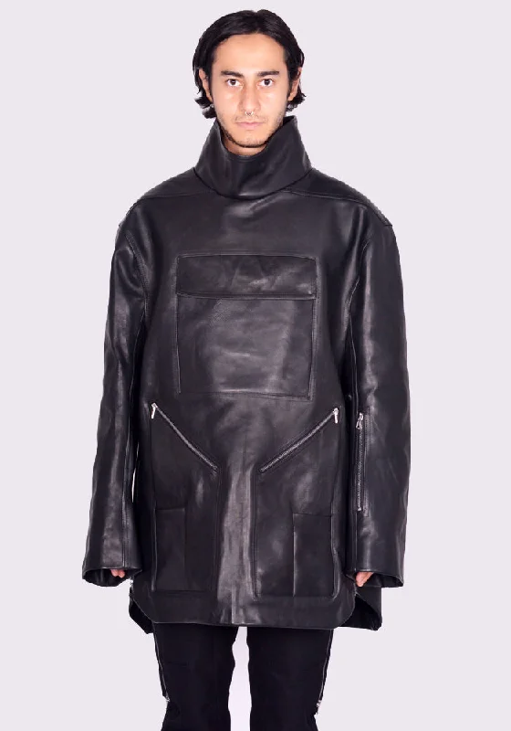 RICK OWENS MEN RR02D6910 LOO MOUNTAINEERING SMOCK LEATHER JACKET BLACK (New Season FW24) Unique Men's Patch Unique Men's Patch