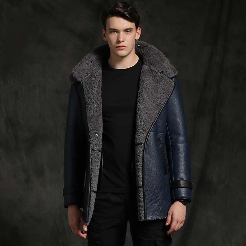 Men's Shearling Sheepskin Leather Long Detachable Fur Hooded Overcoat Streetwear Style Streetwear Style