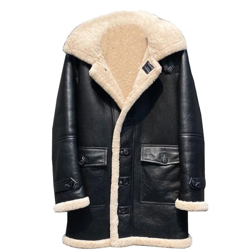 Shearling Sheepskin Leather Mid-length Hooded Thick Warm Winter Coat for Men Refined Men's European Refined Men's European