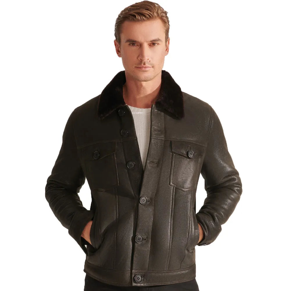 Men's Sheepskin Shearling Single-Breasted Turn-down Fur Collar Thick Jacket Rugged Men's Outdoor  Rugged Men's Outdoor 