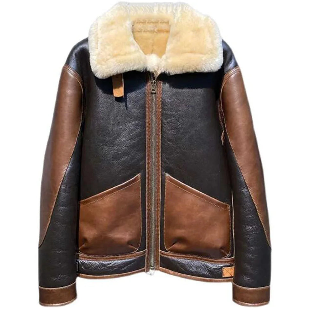 Winter Casual Style Turn-down Collar Genuine Leather Moto Biker Jacket Lumberjack Lumberjack